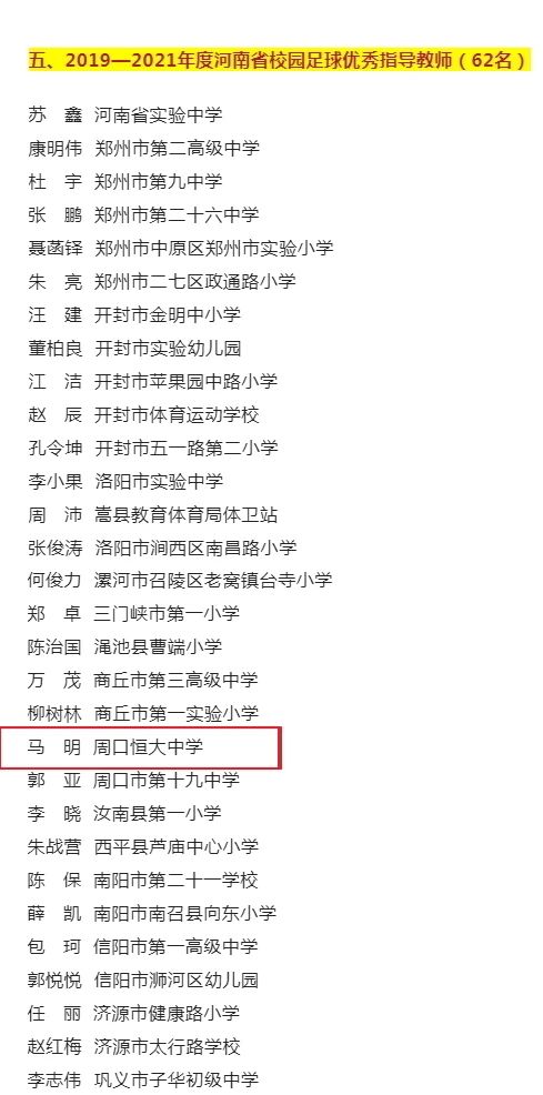 热烈祝贺我校荣获“河南省2019—2021年度青少年校园足校工作优秀单位”称号、马明老师荣获“河南省校园足球优秀指导教师”称号